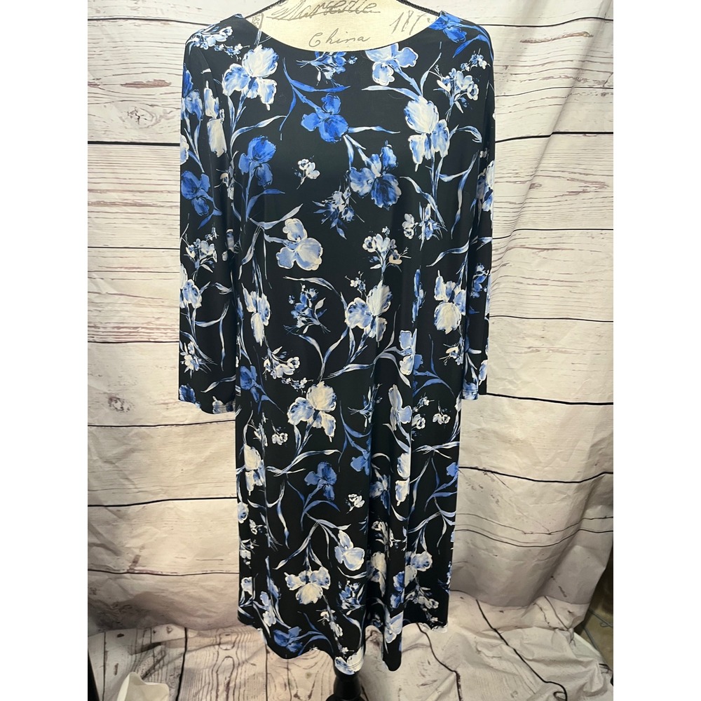 Tommy Hilfiger Womens Black Blue Floral 3/4 Sleeve Sheath Dress‎ Size 16
